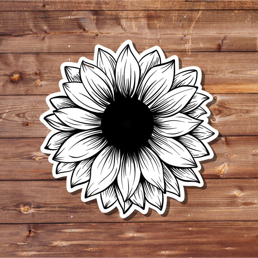 Black & White Sunflower Sketch Sticker | Minimalist Floral Decal | Hand Drawn Style